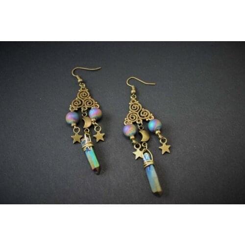 Aura Quartz,Titanium Crystal, Gothic Moon Gift,Drop Earrings,Pagan Gift, Wicca Jewelry