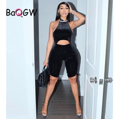 BaQGW Women Summer Halter Sleeveless Bodycon Hollow Out Backless Rhinestones Letter Print Slim Romper Playsuit Female Streetwear