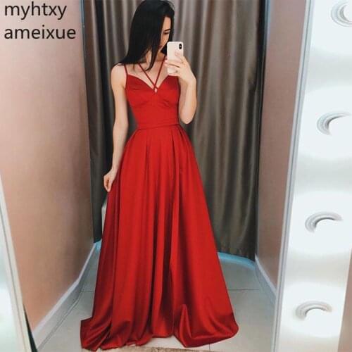 Plus Size Simple V-neck Long Evening Dresses Spaghetti Straps Dark Green Burgundy Satin Formal Party With Pocket Robe De Soiree