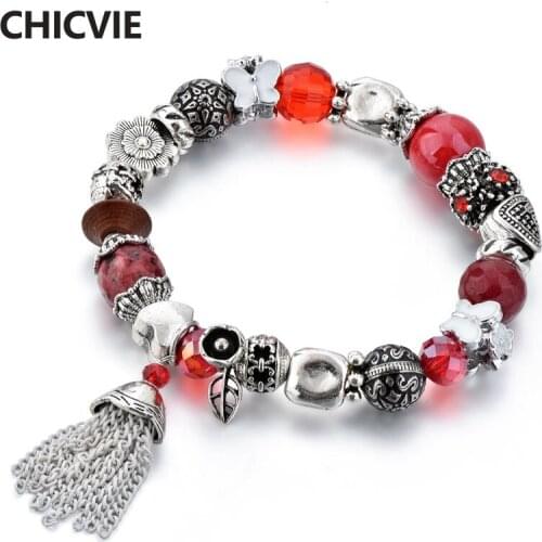 CHICVIE Flower Tassel Crystal Beads stainless steel Bracelets & Bangles For Women Charm Bracelet Boho Jewelry Bracelet SBR180081