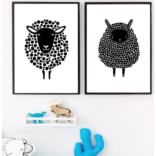 Black White Sheep Canvas Painting Cartoon Animal Nordic Posters And Prints Wall Art Pictures Baby Kids Bedroom Decoration