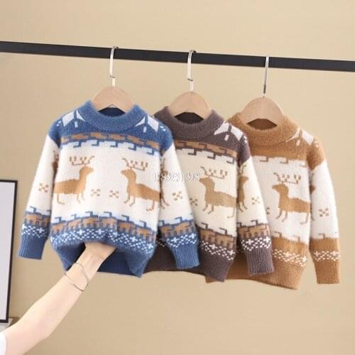 Childrens Christmas Deer Sweater 2021 Autumn And Winter New Mink Velvet Sweater Boys Korean Knitted Thick Bottoming Shirt