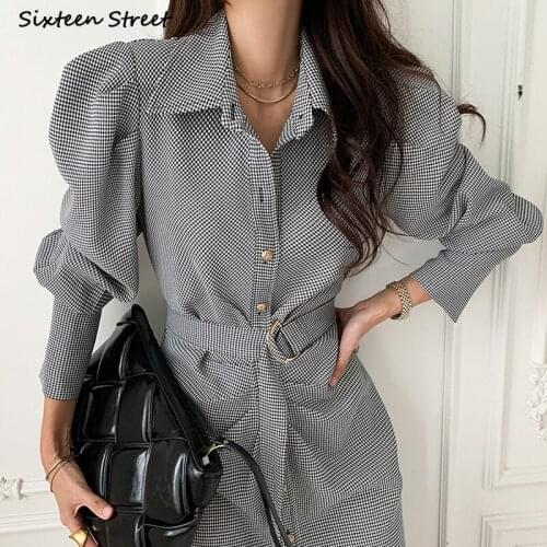 Elegant Golden Button Chic Dress Woman Long Sleeve Autumn 2021 High Waisted Party Dresses Female Korea Business Vestido Dress