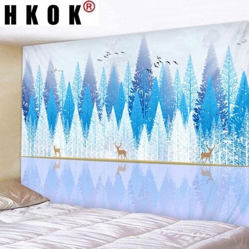 HKOK Blue Forest Elk Tapestry Wall Hanging Wall Covering Rugs Mural Background Cloth Beach Towel Fabric Yoga Blanket Home Decor