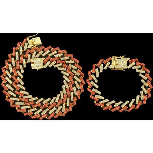 Fashion Curb Cuban Chain Men HipHop Necklace Rhinestone Gold Sliver Color Mix Color Chain Iced Out Bling Punk Jewelry Men Set