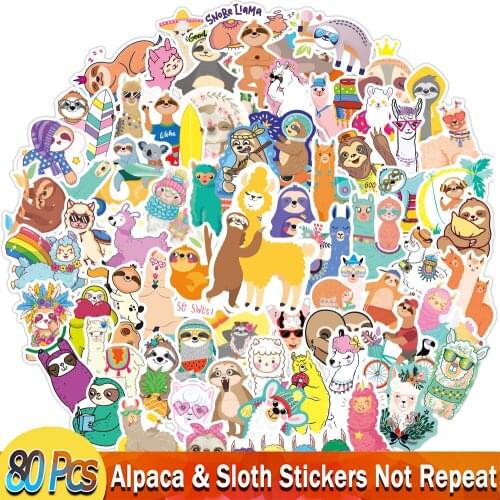 80Pcs Animal Stickers Cartoon Llama Alpaca Cute Sloth Anime Sticker Pack for Laptop Luggage Motorcycle Phone Skateboard Toy Car