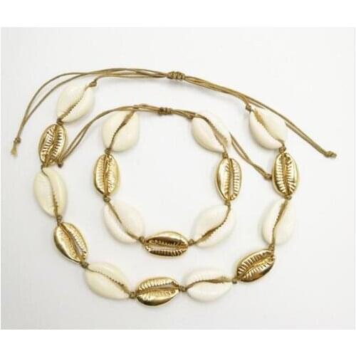 Natural Shell en Zinklegering Charm Ketting Beige Koord Goud Kleur Hand Sieraden Een Set Ketting voor vrouwen Mode sieraden A16