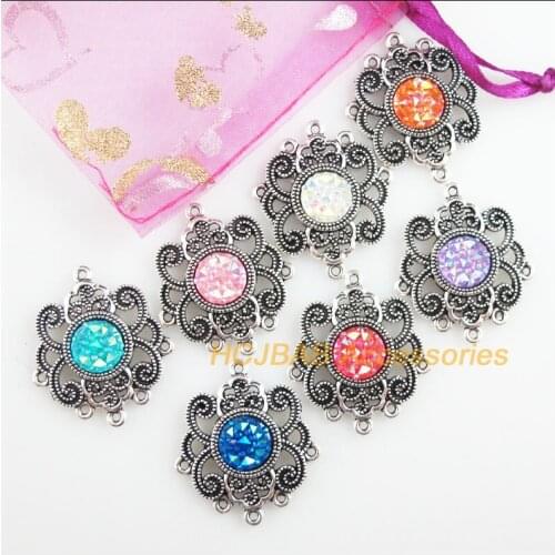 New 7Pcs Tibetan Silver Tone Retro Flower Mixed Round Resin Charms Connectors 27.5x31.5mm