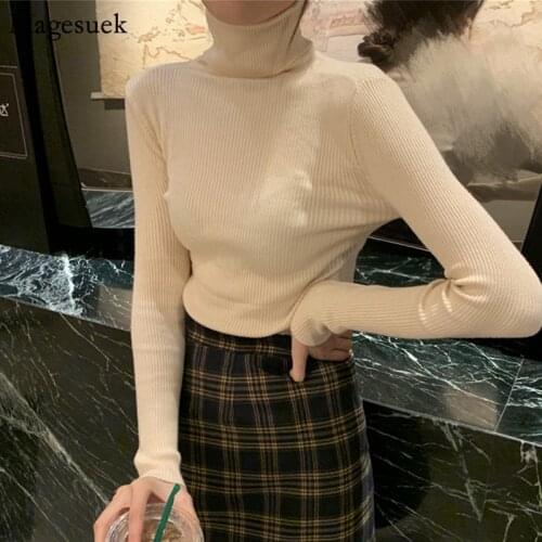 2021 Autumn Slim Women Sweater Knitted Turtleneck Elastic Female Pullover Sweater Long Sleeve Cotton Clothes Sueter Mujer 10607