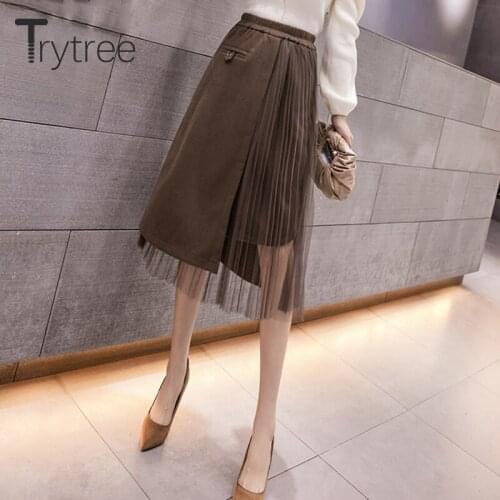 Trytree Autumn Winter Casual Woman Skirt Elastic Waist Blends Tweed Patchwork Mesh Irregular Hem Knee-Length Office Lady Skirt