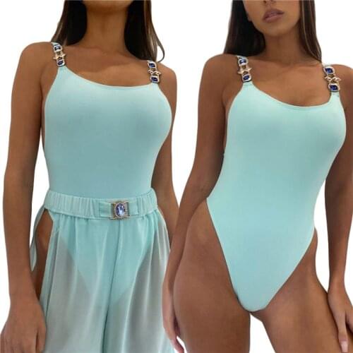 Sexy Women Low-cut U-neck Swimsuit Solid Color Push Up Bathing Suit Summer Bodysuit Swimsuit With Rhinestone Straps