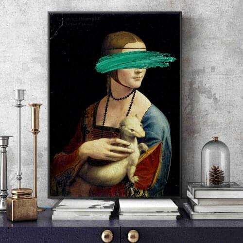 Leonardo Da Vinci-The Lady with An Ermine Canvas Painting Posters and Prints Cover Face Pop Wall Art Picture for Home Decor