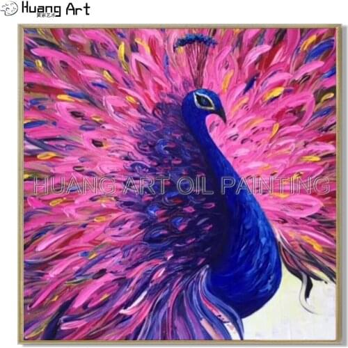 Hand-painted Knife Blue Peacock Oil Painting on Canvas Modern Animal Painting for Room Decor the Peacock Spreads its Tail Art