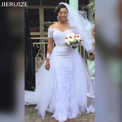 JIERUIZE African Mermaid Wedding Dresses With Detachable Train Scoop Neck Long Sleeves Lace Appliques Sashes Bridal Dresses