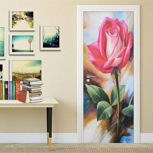 PVC Waterproof Self-adhesive Door Stickers Home Decor Mural Wallpaper Rose Flower Creative Art Oil Painting Bedroom Door Sticker