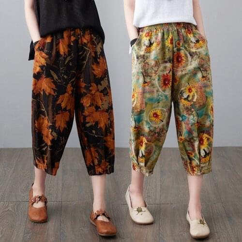 High Waist Calf-Length Loose Trousers Femme Streetwear Summer Fashion Vintage Floral Print Cotton Harem Pants for Women