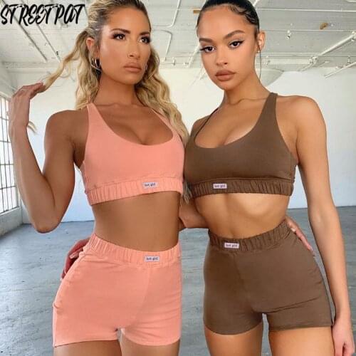 Fitness Women 2 Two Pieces Set Solid Sleeveless Halter Tank Top Biker Shorts Set Casual Sport Femme Outfits Summer Hot Girl