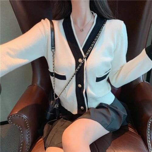 Women Korean Long Sleeve Tops Retro V-neck Slim Knitted Cardigan Casual Simplicity Office Lady Sweater Unique Fashion Jacket