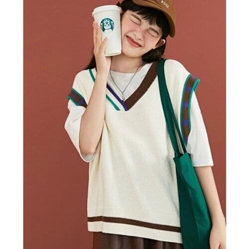 Korean Knitted Sleeveless Sweater Knitting Vest Woman Oversized Waistcoat Top Pullovers Jumper Preppy Style Sweaters Vest Female