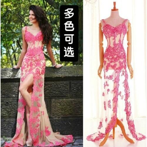 Free shipping 2016 new fashion slit style dress red crystal vestidos formal sexy party prom gown Venice lace Graduation Dresses