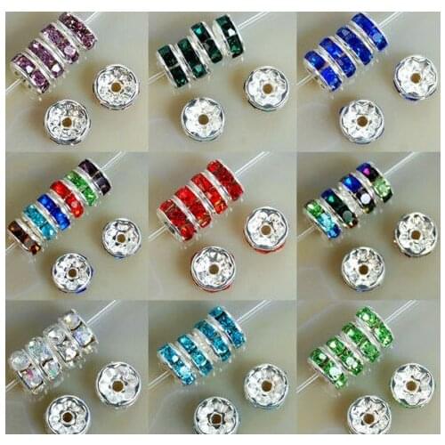 10MM fattr4a Spacer Mixed Color Metal Silver Plated Rondelle Rhinestone Loose Beads For DIY bracelet crystal