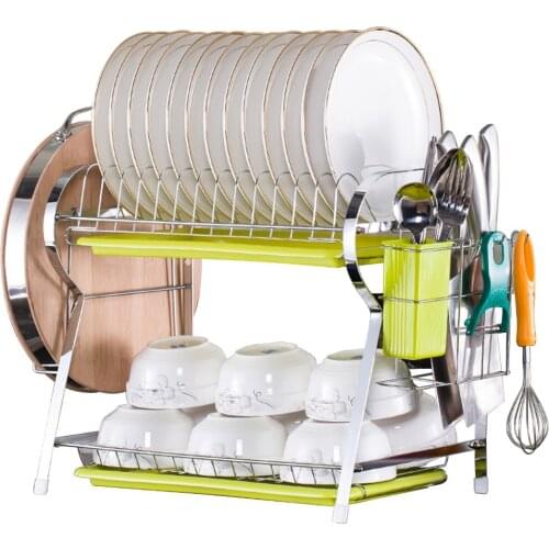 2 Tier R-Shaped Dish Drainer Stainless Steel Drying Rack Bowl Dish Draining Shelf Dryer Tray Holder Kitchen Organizer