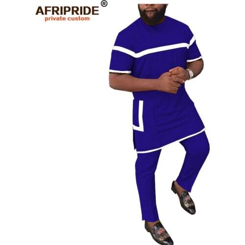 2019 african clothing for men 2 piece set solid dashiki tops+ankara pants tracksuit sweatsuit with pockets AFRIPRIDE A1916002
