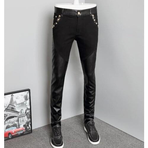 28-36 New 2020 Mens fashion Denim patchwork half leather pants hairdresser pants plus size costumes