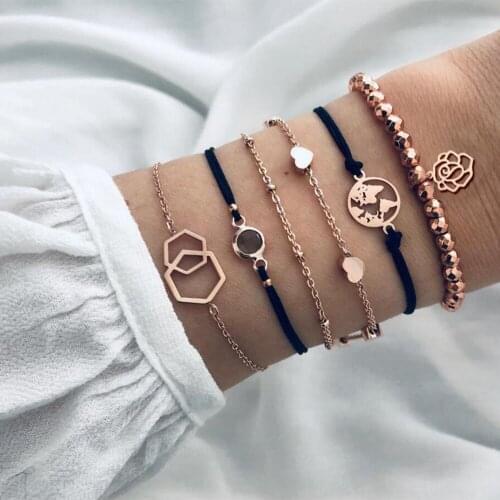 6 Pcs/Set Bohemian Fashion Map Peach Heart Geometric Flower Beaded Leather Bracelet Set Women Party Beach Jewelry Accessories