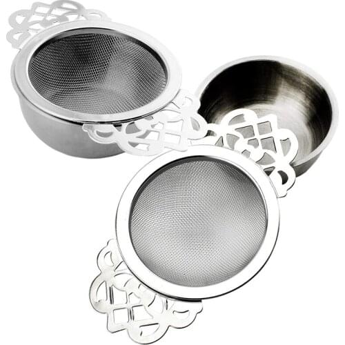 Tea Strainers with Drip Bowls (2-Pack); Elegant Stainless Steel Loose Leaf Tea Strainers