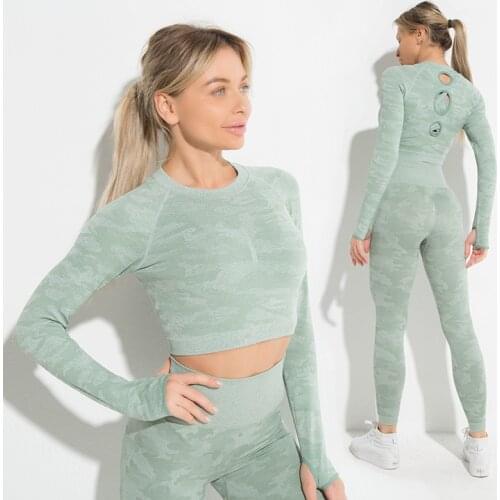 Camo Seamless Yoga Top Long Sleeve Thumb Holes Workout Camouflage Tops For Women Fitness Gym Crop Top mujer Athletic Gym T Shirt