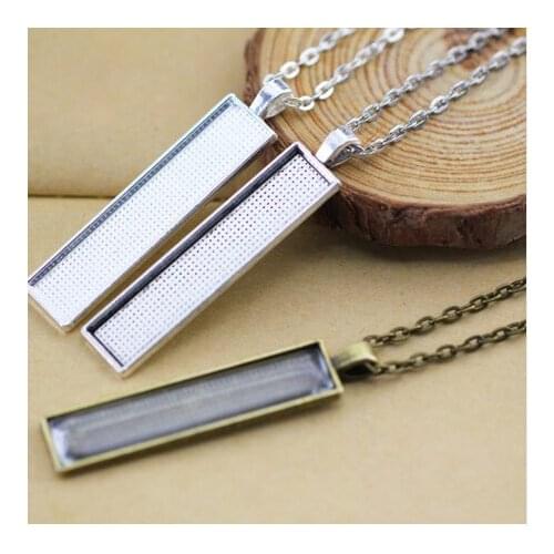10kits 10x50mm Square Pendant Necklace Set Cabochon Cameo Base Tray Bezel Blank (Pendant+3X4mm 24Inch Rolo Chain+Glass) For DIY