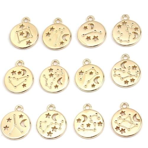12 Constellation Round Charms Zinc Based Alloy Gold Color Constellation Pendants 17mm x 14mmFor DIY Necklace Jewelry , 10 PCs