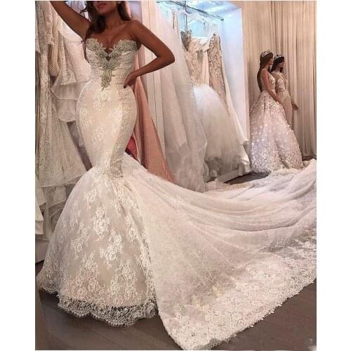 Lace Mermaid Wedding Dresses Crystals Beaded Sweetheart Corset Back Bridal Gowns Lace Up Floor Length Exposed Boning Weddings