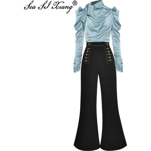 SEASIXIANG Fashion Designer Sets Autumn Womens Stand Collar Ruched Long Sleeve tops + bell-bottoms Two-piece set