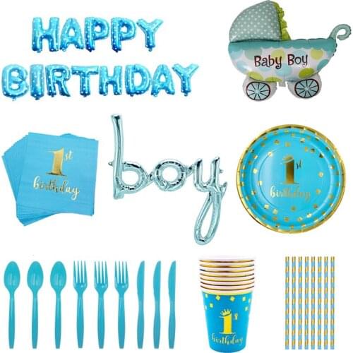 Blue Style Baby Boy Disposable Tableware Set Straw Banner First Birthday Party Set Kid Baby Shower Birthday Party Decoration