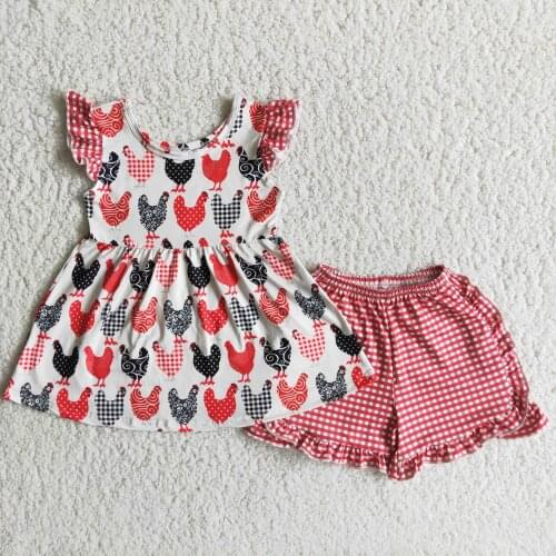 New Arrival Summer 2pcs Baby Girls Outfits Chicken Hen Cock Tunic Red Checker Shorts Kids Boutique Clothing