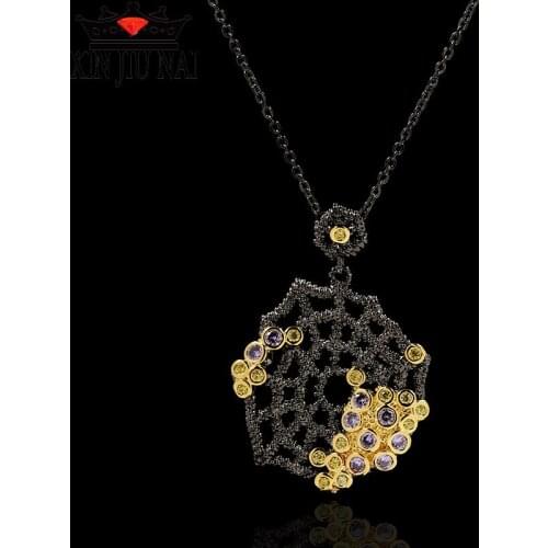 New retro bohemian style colored treasure spider web 14K black gold pendant hollow personality clavicle necklace party jewelry