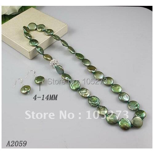Wholesale Elegant jewelry Green color coin pearl necklace earring jewelry set rhinestone magnet clasp free shipping A2059