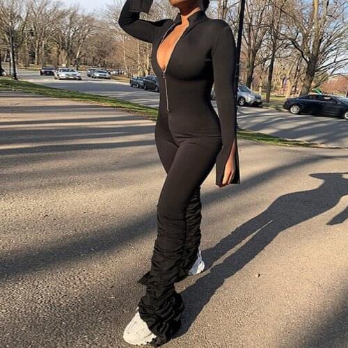 Autumn Winter Classic Solid Black Jumpsuit Romper Long Sleeve O Neck Stacked Pant Zipper Sport Fitness One Piece Outfit Overalls