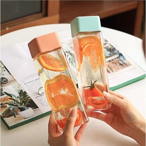 450ml Transparent Square Plastic Matte Water Bottle Milk Cup Juice Cold Sports Water Outdoor Cup With Water Rope Wholesale Item