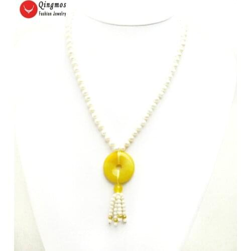 Qingmos Natural Pearl Necklace for Women with 6-7mm White Round Pearl & 30mm Donuts Shape Yellow Agates Pendant Necklace Jewelry