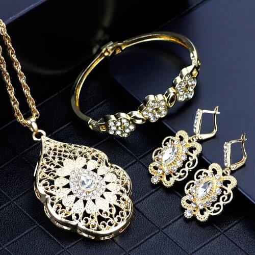 Neovisson Gold Color Wedding Jewelry Sets Drop Earring Pendant Neckalce Cuff Bracelet Algerian Design