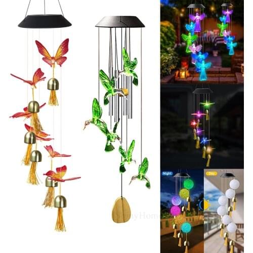 LED Solar Powered Wind Chime Light Color Changing Hummingbird Butterfly Hanging Lamp Patio Yard Garden Decor Home Lighting