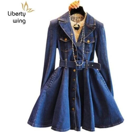 New Arrival Spring Autumn Womens Belted Denim Trench Blue Color A Line Sashes Female Clothes For Woman Robe Femme