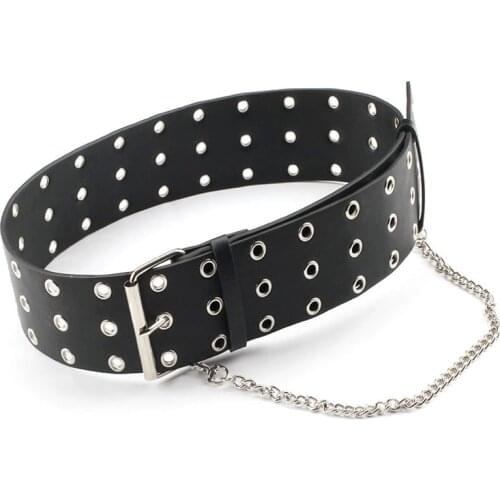 Women wide Leather waist corset female Fashion punk style three row hole pin buckle Belt Chain ladies dress waistband accessory