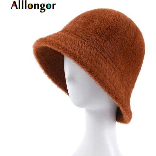 Winter Hat Women Bucket Hat Femme 2020 Autumn Warm Solid Casual Plush Faux Fur fishing cap Solid Wool fishermans hats mujer