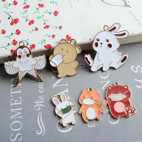 10pcs/lot Cute Enamel Charms Wear a mask when traveling drink plenty of water to prevent new crown disease DIY Jewerly XL1160