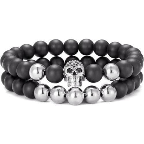 2pcs/lot 8mm skull gold silver copper cz zircon cubic zirconia beads Yoga Bracelet elastic agate Stone Bangles rtg2s