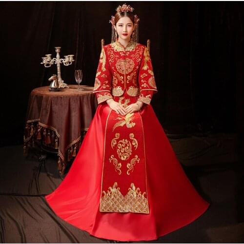 2021 Oriental Style Dresses Chinese Clothing Modern Cheongsam Red Qipao Long Traditional Chinese Wedding Dress Plus Size 3XL